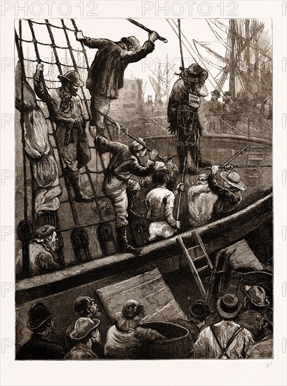 EASTER-TIDE CEREMONIES: "FLOGGING JUDAS ISCARIOT", A SCENE ON BOARD A PORTUGUESE SHIP IN THE LONDON DOCKS, UK, 1876