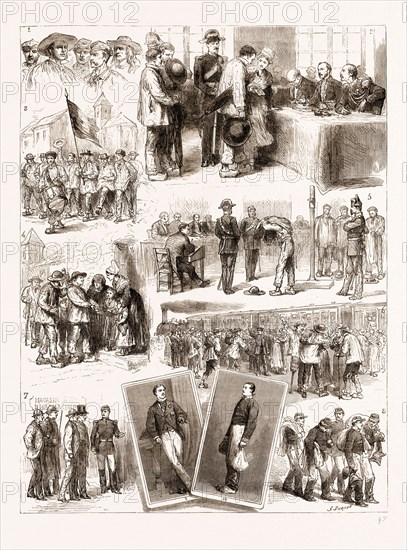 THE SYSTEM OF CONSCRIPTION IN FRANCE, 1876: 1. Specimens of the Conscripts. 2. Drawing Lots. 3. Marching through the Streets. 4. Coming Home with a Lucky Number. 5. Stripping to Pass the Doctor. 6. Off to Join the Regiment. 7. Arrival at the Clothing Store. 8. Leaving the Clothing Store. 9. A Conscript in Mufti. 10. A Conscript in Uniform.