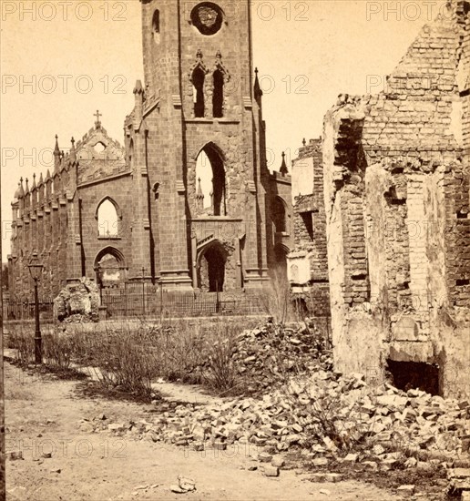 Ruins of Cathedral, Broad Street, front view, USA, US, Vintage photography