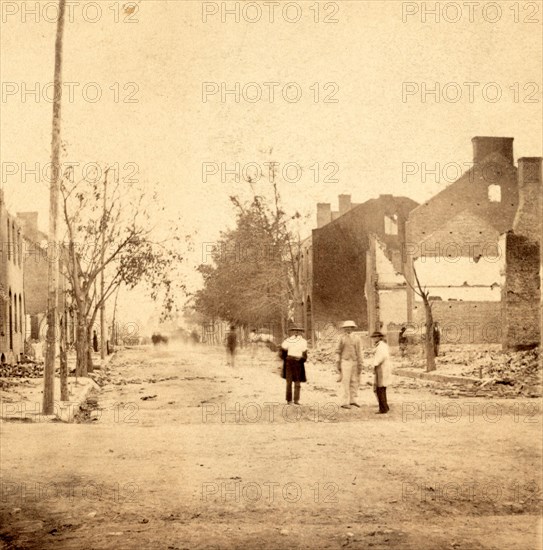 Main Street - Looking West Chambersburg, Franklin Co., Pa., destroyed by the rebels under McCausland, July 30th, 1864, USA, US, Vintage photography