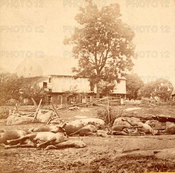 View at Losser's (i.e. Trostle's) barn, where the 9th Massachusetts Battery was cut up, USA, US, Vintage photography