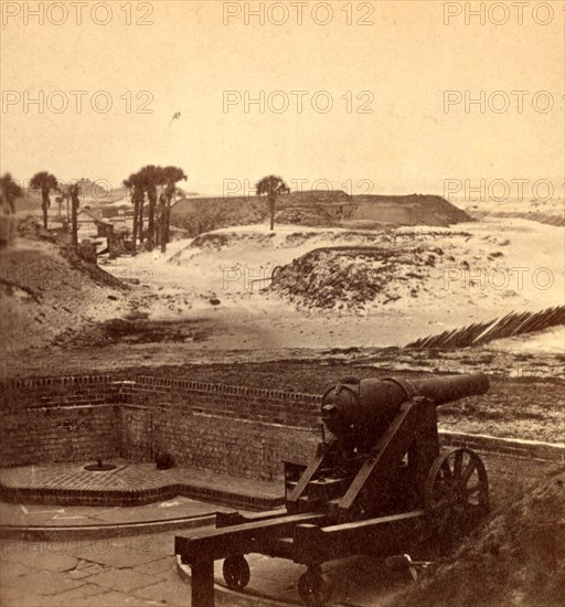 Interior of Fort Moultrie, Battery B. and group of palmetto trees in distance, USA, US, Vintage photography