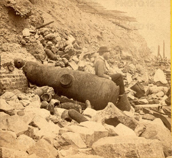 View of Ft. Sumpter (i.e. Sumter), showing a mingled mass of debris, shot, shell & bursted gun, USA, US, Vintage photography