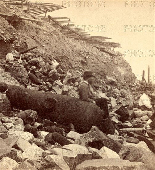 Sea face of Fort Sumpter (i.e. Sumter), shewing (i.e. showing) broken guns, shot, shell, & c. Fort Sumter is a Third System masonry sea fort located in Charleston Harbor, South Carolina. The fort is best known as the site upon which the shots that started the American Civil War were fired, at the Battle of Fort Sumter on April 12, 1861. , Vintage photography