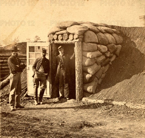 Bomb proof quarters at Ft. Burnham. The sides and top are 7 feet thick, contains two rooms, sleeping and cooking, US, USA, America, Vintage photography
