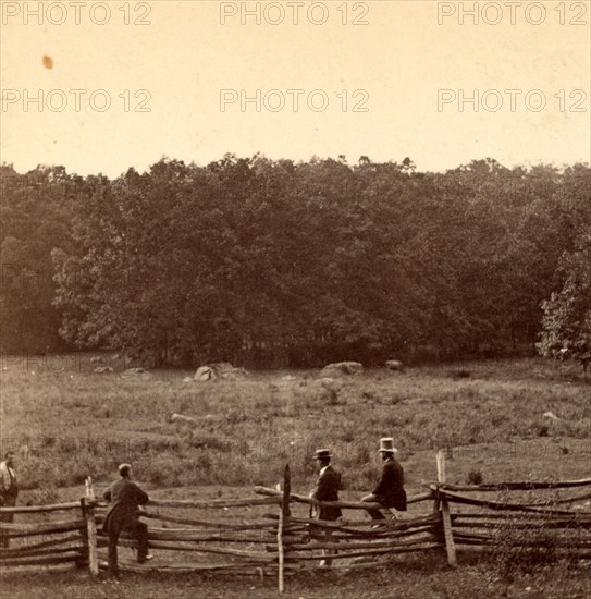 Meadow over which the 2d Mass. and 27th Indiana charged on morning of July 3d. Woods occupied by Confederates, Johnson's Div., Ewell's Corps, US, USA, America, Vintage photography