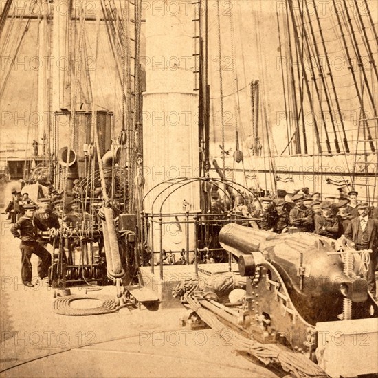 Sailors and a cannon on deck of a gunboat, US, USA, America, Vintage photography