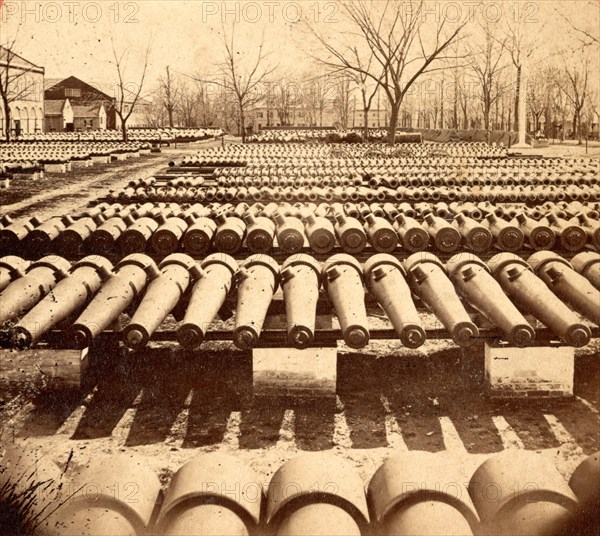 Arsenal grounds, Richmond, Va., showing ruins and shot and shell scattered around, US, USA, America, Vintage photography