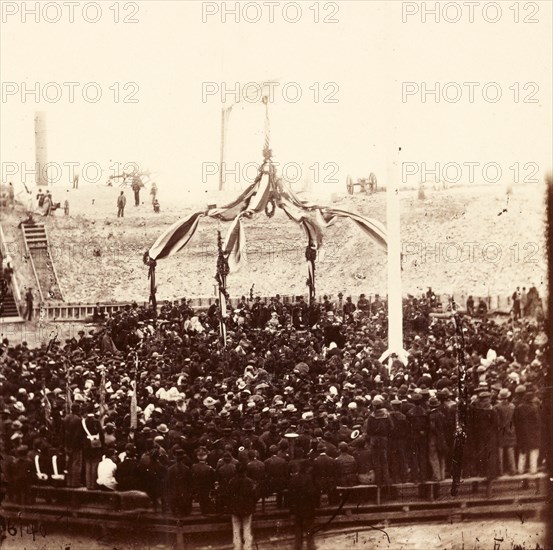 Raising the old flag over Fort Sumter, US, USA, America, Vintage photography