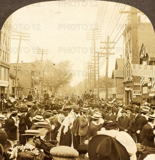 C.T.A.U. Parade on S. Main St., showing John Mitchell in carriage, Wilkes-Barre, Pa., Aug. 10, 1905., US, USA, America, Vintage photography