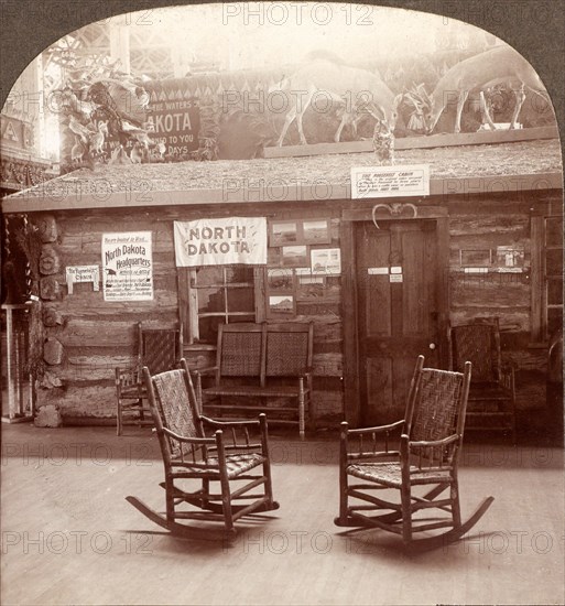 Cabin in which President Roosevelt lived for three years, exhibited in Agricultural Building, World's Fair, St. Louis, Mo., US, USA, America, Vintage photography
