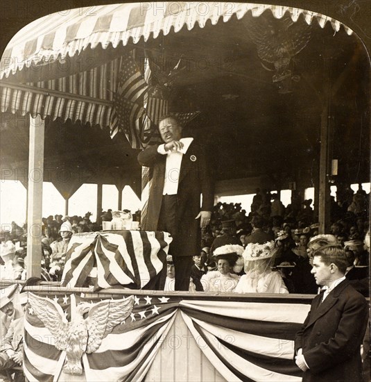 President Roosevelt delivering his address, Georgia Day, Jamestown Exposition, Va., US, USA, America, Vintage photography