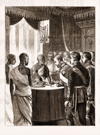 THE PRINCE OF WALES IN CEYLON, SRI LANKA, 1876, KANDY: THE BUDDHIST PRIESTS EXHIBITING BUDDHA'S TOOTH TO THE PRINCE