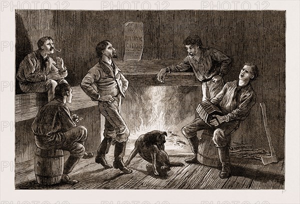 EVENING IN A LOGGER'S HUT: "GIVING THE BOYS A STEP", CALIFORNIA, US, U.S., U.S.A., UNITED STATES, UNITED STATES OF AMERICA, AMERICA