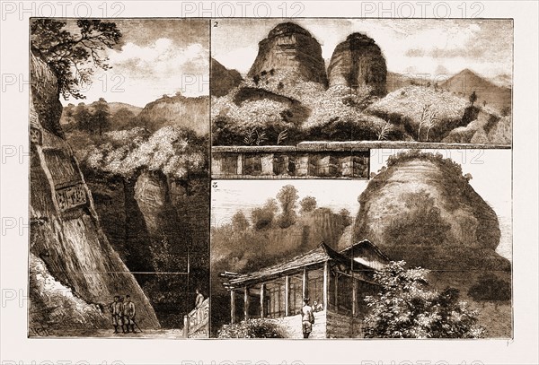 THE BUDDHIST MONASTERY OF TAN HA SHAN, OR RED CLOUD MOUNTAIN, QUANGTUNG, CHINA: 1. The Pass Leading to the Monastery Gate. 2. The View from the Front Verandah of the Hall of the Goddess Maritchi. 3. The Hall of the Goddess Maritchi.