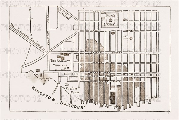 Plan of Kingston, Jamaica, 1883: The Shaded Part shows the Portion of the City which has been Burnt