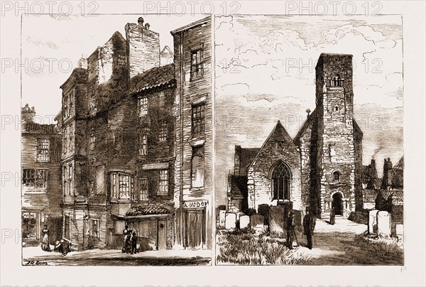 OLD HOUSES NEAR HIGH STREET, MONKWEARMOUTH CHURCH, SUNDERLAND, UK, 1883