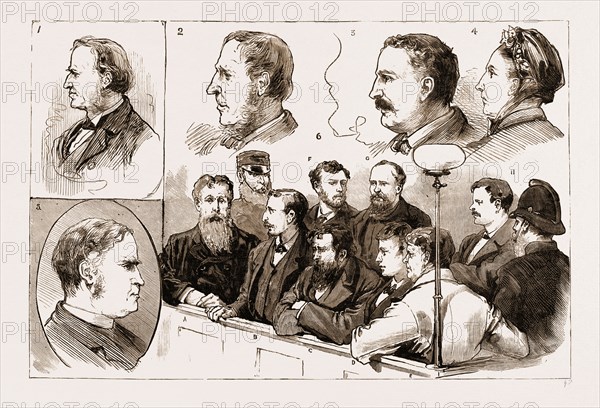 THE MURDER LEAGUE IN IRELAND, EXAMINATION AT KILMAINHAM OF THE PRISONERS CHARGED WITH THE PHOENIX PARK MURDERS, 1883: 1. John Fitzsimons, who Found the Knives in Carey's Loft. 2. leorge Godden, Park Ranger, who Identified Brady as being on the Car which He had Seen Driving Off immediately after the Murder. 3. Stephen Hands, who Identified Brady and O'Brien as Waiting with the Car on the Evening of the Murder. 4. Sarah Hands. 5. Dr. Webb, Q.C., the Leading Counsel for the Prisoners. 6. The Prisoners in the Dock