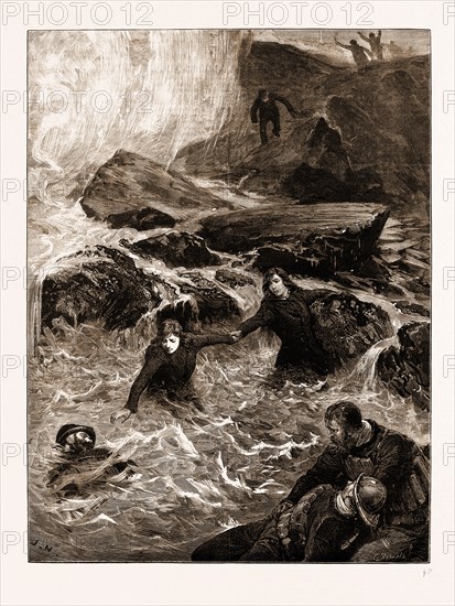 THE GALLANT RESCUE BY MRS. WRIGHT AND MISS JESSIE ACE OF MEN OF THE MUMBLES LIFEBOAT, AT MUMBLES HEAD, NEAR SWANSEA, UK, 1883