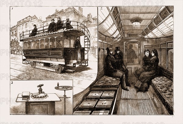 THE NEW ELECTRIC TRAMCAR AT KEW BRIDGE, LONDON, UK, 1883: 1. The Car. 2. The Interior of the Car, With One of the Cushions Removed to Show the Accumulators. 3. The Starting and Reversing Handles.