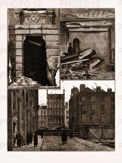 THE EXPLOSION AT THE OFFICE OF THE LOCAL GOVERNMENT BOARD, WHITEHALL, LONDON, UK, 1883: 1. The Shattered Doorway. 2. The Wrecked Room. 3. General View of the Scene of the Outrage.