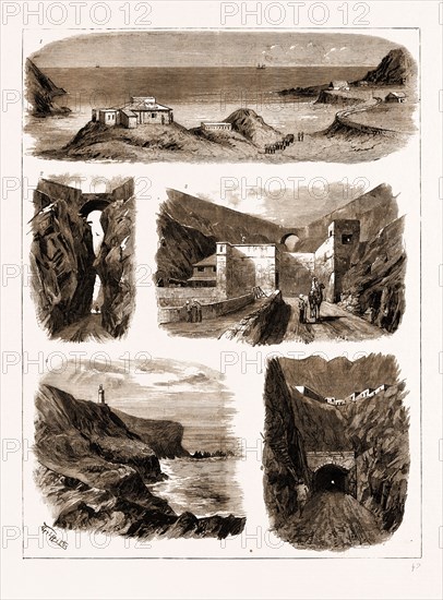 ADEN, 1883: 1. The Brigade Major's Office and Royal Artillery Officers' Mess House at Steamer Point. 2. The Main Pass, on the Road from Steamer Point to Camp. 3. Main Pass Gate. 4. The Lighthouse. 5. The Long Tunnel, on the Road from the Camp to the Isthmus Barracks.