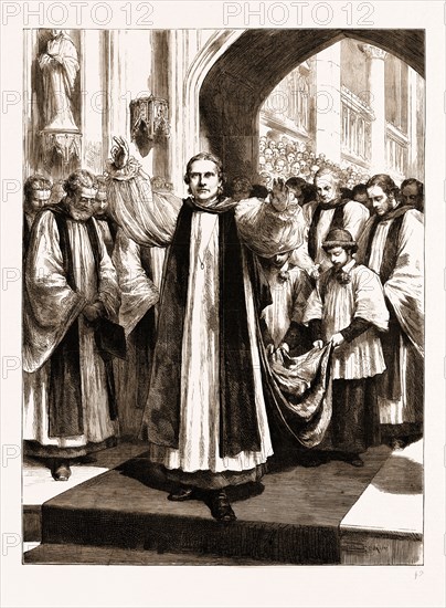 THE ENTHRONEMENT OF THE NEW PRIMATE IN CANTERBURY CATHEDRAL, UK, 1883: ARCHBISHOP BENSON PRONOUNCING THE BENEDICTION FROM THE CHOIR STEPS