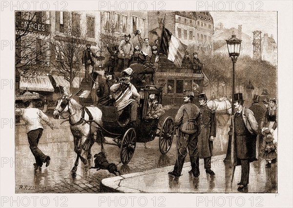 THE MILITARY CONSCRIPTION IN PARIS, FRANCE: CONSCRIPTS RETURNING FROM THE DRAWING BY LOT AT THE PALAIS DE L'INDUSTRIE, 1883