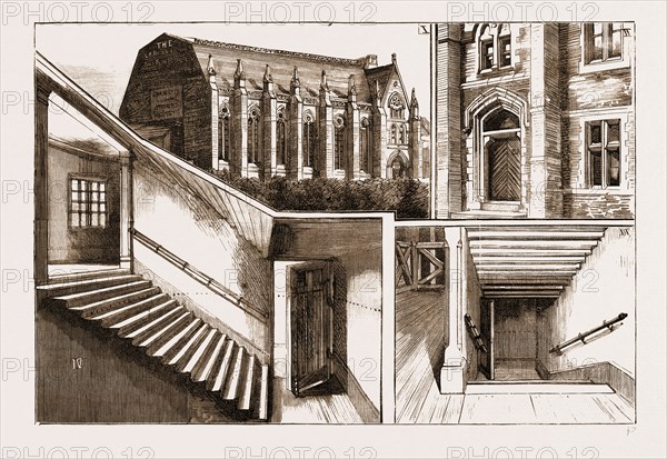 THE TERRIBLE DISASTER AT SUNDERLAND, UK, 1883: 1. Exterior View of the Victoria Hall. 2. External Door of the Hall. 3. The Portion of the Staircase Where the Disaster Occurred, Showing the Partly Open Door Which Caused the Accident (The Dotted Line Shows the Height to Which the Children's Bodies Were Heaped Behind the Door and on the Staircase). 4. Another View of the Scene of the Disaster, Showing the Short Flight of Sixteen Steps Leading to the Fatal Door.