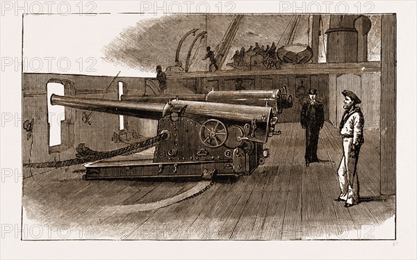 OUR ROYAL MIDSHIPMAN: THE CRUISE OF H.R.H. PRINCE GEORGE ON BOARD H.M.S. "CANADA", 1883: THE UPPER DECK, SHOWING THE NEW GUNS