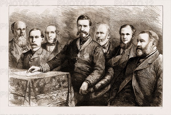 THE SOCIAL SCIENCE CONGRESS AT HUDDERSFIELD: A PORTRAIT GROUP, UK, 1883; MR. C.E. HOWARD VINCENT, DIRECTOR OF CRIMINAL INVESTIGATORS, President of the Repression of Crime Section, SIR RICHARD TEMPLE, BART., G.C.S.I., LL.D., President of the National Association for the Promotion of Social Science, MR. T. PRIDGIN TEALE, F.R.C.S., President of the Health Section, MR. WILLIAM BARBER, Q.C., President of the International and Municipal Law Section, MR. FRANCIS SHARPE POWELL, President of the Education Section, MR. J.E. THOROLD ROGERS, M.P., President of the Economy and Trade Section, SIR RUPERT A. KETTLE, President of the Art Section