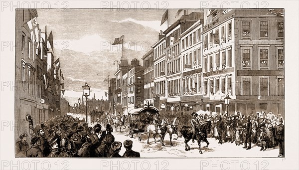 THE NEW MUNICIPAL BUIDLINGS AT GLASGOW, SCOTLAND, UK: TRADES' PROCESSION ENTERING ARGYLL STREET FROM JAMAICA STREET, 1883