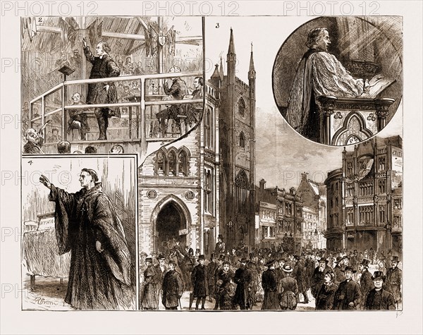 SOME PHASES OF THE CHURCH CONGRESS AT READING, UK, 1883: 1. Orthodoxy: The Archbishop of Canterbury Preaching at St. Mary's. 2. The Bishop of Carlisle on "Evolution." 3. All Sorts and Conditions of (Clergy) Men. 4. Heterodoxy: Father Ignatius, O.S.B., at the Foresters' Hall