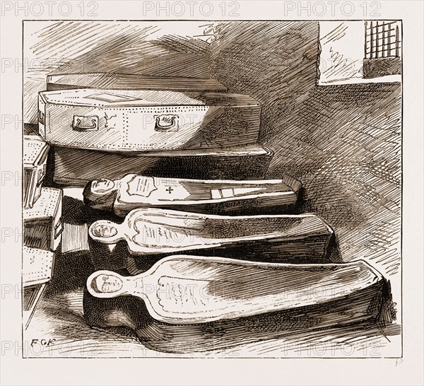 THE REMOVAL OF THE REMAINS OF DR. WILLIAM HARVEY, THE DISCOVERER OF THE CIRCULATION OF THE BLOOD, AT HEMPSTEAD CHURCH, ESSEX, UK, 1883: INTERIOR OF THE VAULT OF HEMPSTEAD CHURCH, The Case Marked thus (x ) contains Harvey's Remains