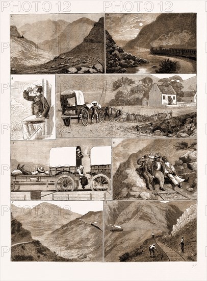 THE HEX RIVER RAILWAY, CAPE COLONY, SOUTH AFRICA, 1883: 1. From Platelayer's Cottage. 2. Tulbagh Pass by Moonlight. 3. The Stoker Has a Little Refreshment. 4. A Farm by the Way, Hex River Valley. 5. The Boer Way of Travelling on the Railway. 6. Platelayers on a Trolly. 7. Hex River Mountain. 8. Near a Viaduct, Past Twenty-five Mile Cottage.