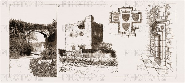 AN ANCIENT TOWER AT COLOSSE, NEAR LIMASOL, CYPRUS, 1883: 1. Aqueduct at Colosse. 2. Exterior of the Old Tower. 3. Group of Armorial Shields at Colosse. 4. A Fireplace in the Tower.