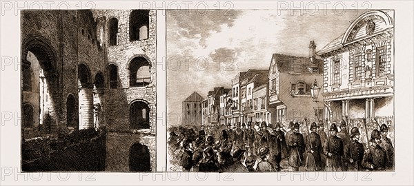 THE PURCHASE OF ROCHESTER CASTLE BY THE CORPORATION OF THE TOWN, UK, 1883: INTERIOR OF THE CASTLE KEEP; THE PROCESSION PASSING THE GUILDHALL AFTER THE DEDICATION CEREMONY