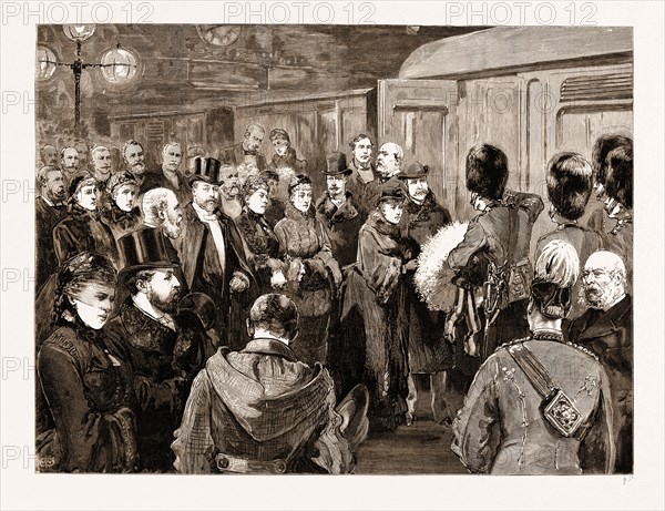 DEPARTURE OF THE DUKE AND DUCHESS OF CONNAUGHT FOR INDIA: SERGEANT-MAJOR PETER SMITH, OF THE FIRST BATTALION SCOTS GUARDS, PRESENTING A BOUQUET FROM THE NON-COMMISSIONED OFFICERS TO THE DUCHESS OF CONNAUGHT AT CHARING CROSS RAILWAY STATION, LONDON, UK, 1883