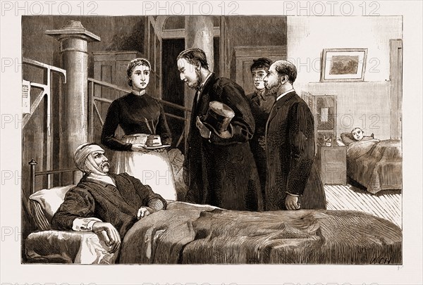 THE EXPLOSIONS ON THE UNDERGROUND RAILWAY, SIR WILLIAM HARCOURT VISITING THE WOUNDED AT ST. MARY'S HOSPITAL, UK, 1883
