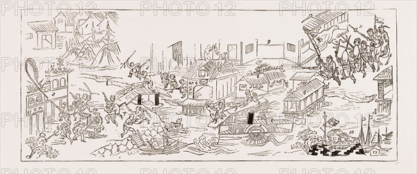 THE RIOTING IN CANTON, 1883: 1. Chinese Camp and Tents. 2. Offices of Messrs. Butterfield and Swire, Fired by the Mob. 3. Fire Brigade Extinguishing the Fire. 4. Europeans Escaping by Boats. 5. Chinese Mob. 6. Custom House. 7. The Dead Chinaman being taken off the Landing-Stage by His Friends. 8. Merchants' Stores Fired by a Mob. 9. Custom House. 10. Chinese Fort. 11. Chinese Soldiers Commanded by Mandarin.