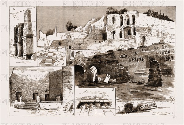 THE EXCAVATIONS IN ROME: DISCOVERY OF THE HOUSE OF THE VESTAL VIRGINS, ITALY, 1883: 1. General View of the Excavations which are being made between the Forum and the Palace of the Cmsars. 2. The Flooring of One of the Vestals' Bedchambers. 3. The Large Hall or Atrium of the Vestals' Palace. 4. Three Tablets, just Excavated, bearing Inscriptions to Certain Vestals. 5. A Fragment of Marble Pavement in the Atrium.