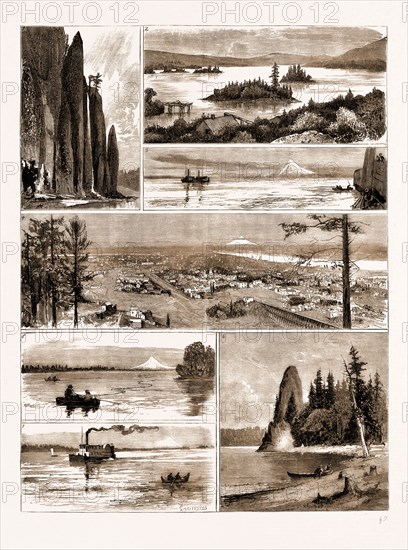 VIEWS ON THE NORTHERN PACIFIC RAILWAY, U.S.A., U.S., US, USA, UNITED STATES, UNITED STATES OF AMERICA, AMERICA, 1883: 1. Cape horn, on the Columbia River, Here About Two Miles Wide. 2. View on the Columbia River Near the Upper Cascade. 3. Mount Ranier, Washington, from the Railway Wharf at Tacoma, 4. Portland, Oregon, the Terminus of the Northern Pacific Railway, with Mount St. Helen's in the Distance. 5. Mount Hood (17,000 feet), from the Junction of the Willamette and Columbia Rivers. 6. Rooster Rock, on the Columbia River. 7. Mount St. Helen's, near Portland, Oregon (12,000 feet), Supposed to be a Dormant Volcano.