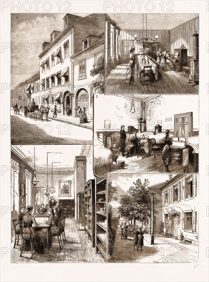 THE VICTORIA SCHOOL FOR GIRLS, CARLSRUHE, UNDER THE DIRECTION OF H.R.H. THE GRAND DUCHESS OF BADEN, GERMANY, 1883: 1. The Exterior of the Victoria School. 2. The Dining Room. 3. Dormitory. 4. A School Room. 5. The Garden.