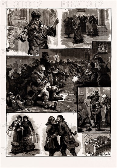 EASTERN IN SOUTHERN RUSSIA, 1886: 1. "Christ is Risen". 2. Purchasing Candles at Entrance of Church. 3. Peasants awaiting the Priest's Blessing on their Easter Food. 4. During Service. 5. A Sketch in the Street. 6. An Easter Salutation. 7. Remnants of the Feast