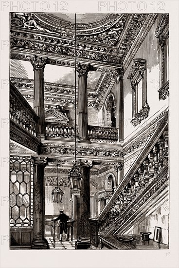 AN OLD LONDON MANSION, "COWFIELDS," 30, OLD BURLINGTON STREET, UK, 1886: ENTRANCE HALL AND STAIRCASE