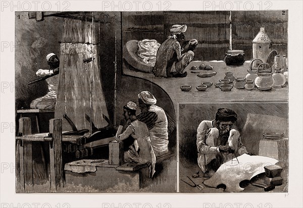 THE INDIAN SECTION OF THE COLONIAL AND INDIAN EXHIBITION: THE ETHNOLOGICAL COLLECTION, 1886: THE NATIVE INDUSTRIES IN THE COURTYARD OF THE INDIAN PALACE: 1. Weaving Gold Embroidery 2. A Potter, 102 years old 3. Working in Brass