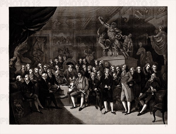 THE ROYAL ACADEMICIANS ASSEMBLED IN THE COUNCIL ROOM, SOMERSET HOUSE, 1793, Sir Benjamin West. President, UK
