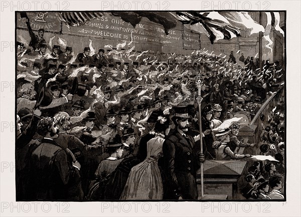 SCHOOL CHILDREN FROM ST. SAVIOUR'S AND MRS. NEWCOMEN'S SCHOOL CHEERING THE PRINCE AND PRINCESS OF WALES IN SOUTHWARK STREET ON THEIR RETURN FROM LAYING THE MEMORIAL STONE OF THE NEW TOWER BRIDGE, LONDON, UK, 1886