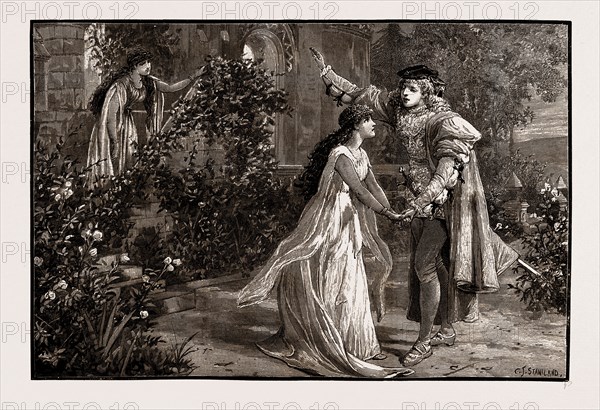 SCENE FROM MR. MACKENZIE'S NEW OPERA, "THE TROUBADOUR", ACT III. Guillem and Margarida. GUILLEM: "The dawn! the dawn! its brightness augurs ill, Its roseate gleam is death, for we must part." 1886