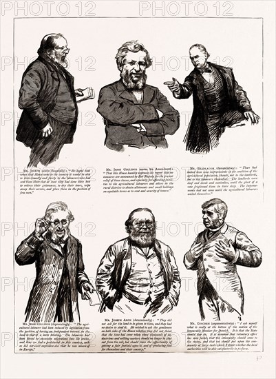 THE DEFEAT OF THE CONSERVATIVE GOVERNMENT ON MR. JESSE COLLINGS' AMENDMENT TO THE ADDRESS, CHARACTER SKETCHES IN THE HOUSE OF COMMONS, LONDON, UK, 1886
